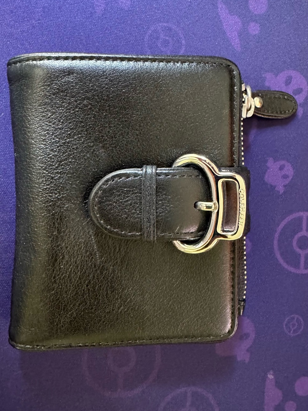 Cole Haan Black Leather Zip Around Wallet with Silver Buckle